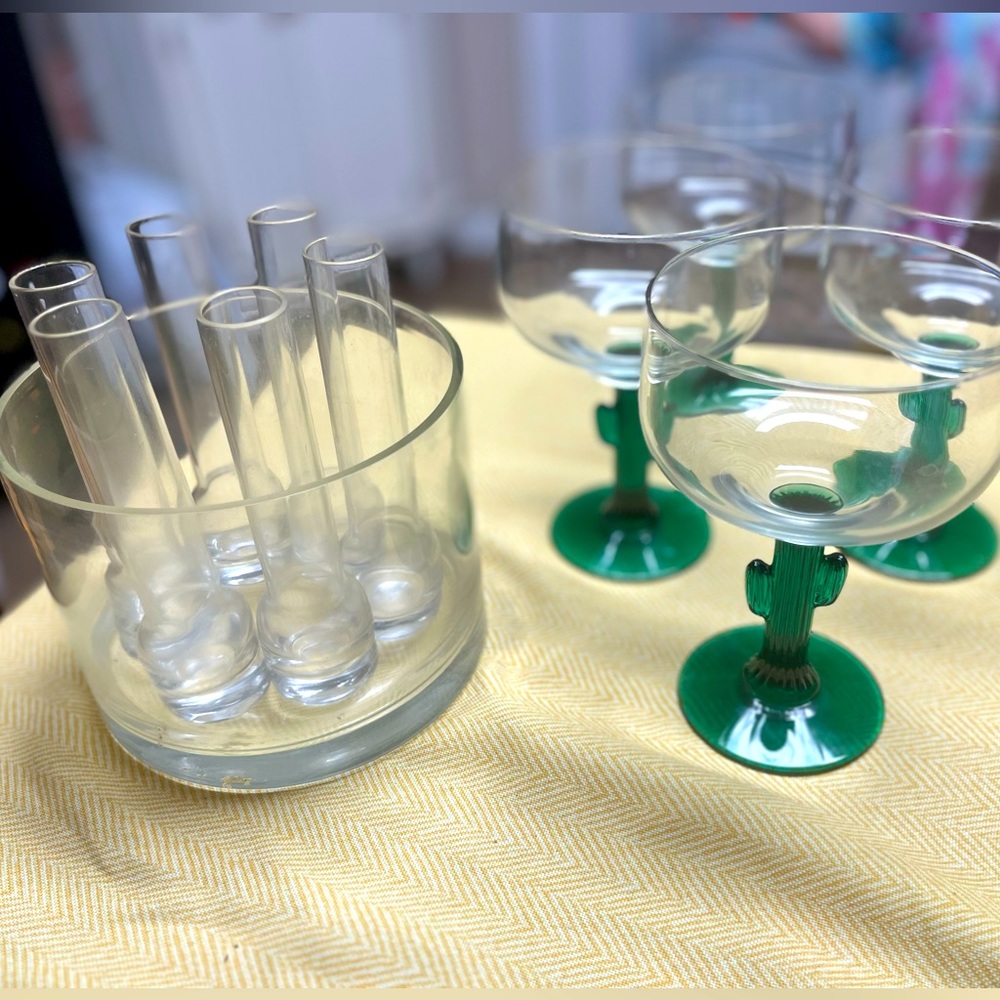 Margarita Cactus Glasses + Tequila shot glasses in chilling bowl bar essentials